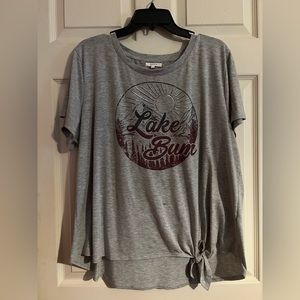 Maurices shirt, top, Lake Bum, gray, knotted hem, size 1 (16/18)